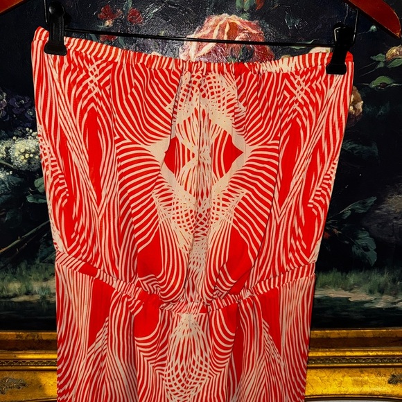 Leifsdottir Anthropologie Orange Optic Graphic Print Pleated Strapless Dress 6 - Picture 7 of 9